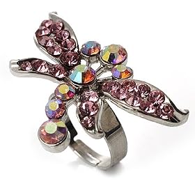 Rhodium Plated Diamante Dragonfly Fashion Ring (Pink)