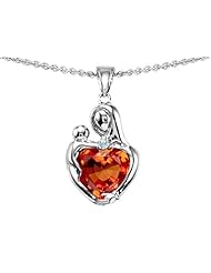 Original Star K (tm) Loving Mother With Child Hugging Pendant With Heart Shape 8mm Simulated Orange Mexican Fire Opal in 925 Sterling Silver