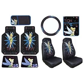 Tinkerbell Tink Pixie Power 9pc Combo Set Front & Rear Floor Mats, Seat Covers, Steering Wheel Cover, CD Visor & Litter Bag Plus Bonus Matching Decal