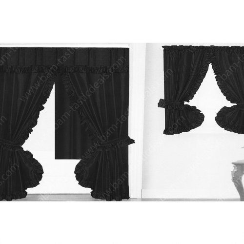 Black Fabric Double Swag Shower Curtain with Matching Window Curtain