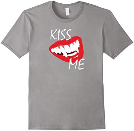 Men's Kiss Me Bloody Red Lips and Vampire Fangs T Shirt (B172) Medium Slate