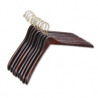 Deluxe Contoured Hardwood Coat Hangers, 18, Metal Hook, Walnut Finish, 6/Pack