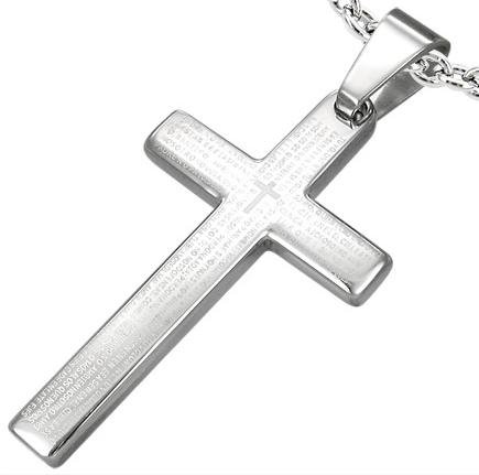 Silver Stainless Steel Spanish The Lords Prayer Cross Pendant (Chain NOT Included) 3.75cm x 2cm - Supplied in Gift Pouch