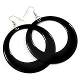 Large Black Enamel Hoop Drop Earrings (Silver Metal Finish) - 6.5cm Diameter