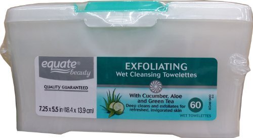 Exfoliating Wet Cleansing Towelettes With Cucumber, Aloe, Green Tea, By Equate, 60ct