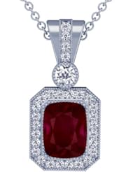 18K White Gold Cushion Cut Ruby And Round Diamond Pendant