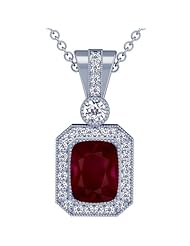 14K White Gold Cushion Cut Ruby And Round Diamond Pendant