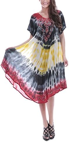 Women's Short Sleeve Boho Dress, 04-Red/Charcoal/Yellow, Free Size