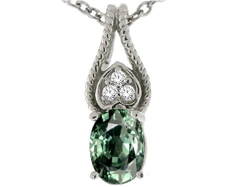 1.03 cts Genuine Green Sapphire and Diamond Oval Pendant - 14kt White or Yellow Gold