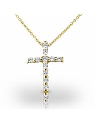 14KT Yellow Gold Delicate Bar Set Round Brilliant Diamond Cross Pendant. 1/2 CTW