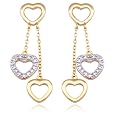 18k Yellow Gold Overlay Sterling Silver Diamond Accent Heart Dangle Post Earrings