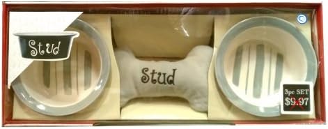 3 Pc Stud Ceramic Pet Bowl with Matching Toy Time to Eat