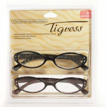 Tigress Women's Reading Glasses 2 Pc Pack (1.50, Brown and Black Leopard)