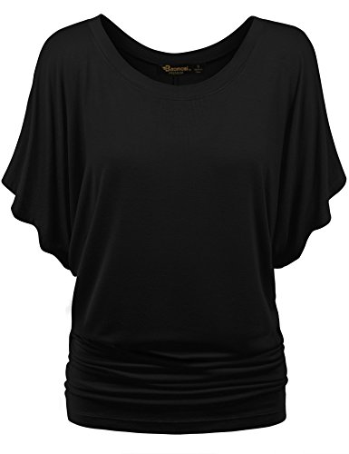 BMS Womens Short Sleeve Boat Neck Solid Shirring Dolman Drape Top Tee Shirt