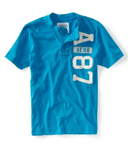 Aeropostale Mens; Young Mens Blue/Teal (350) or White (102) Vertical A87 Graphic Henley Shirt - Size (Medium, Blue/Teal)
