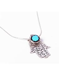 925 Sterling Silver Hamsa Protective Necklace with Handmade Dichroic Glass Evil Eye
