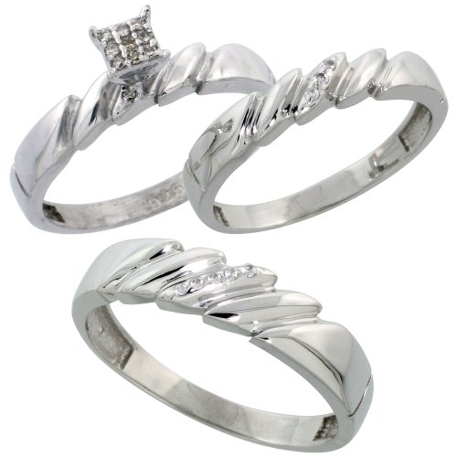 Sterling Silver 3-Piece Trio His (5mm) & Hers (4mm) Diamond Wedding Band Set, w/ 0.10 Carat Brilliant Cut Diamonds; Ladies Size 5