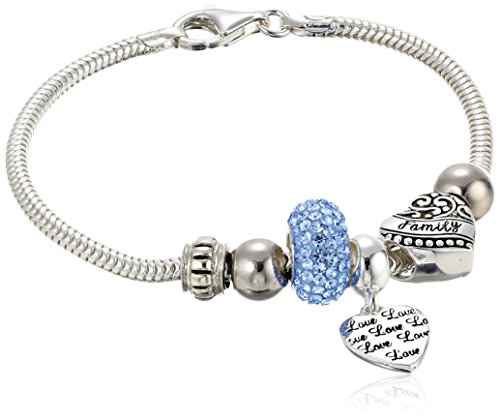 CHARMED BEADS Sterling Silver Blue Crystal Love and Family Bead Charm Bracelet, 7.5