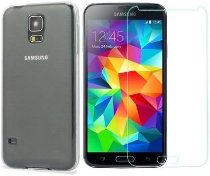 Ecopac Premium Soft Flexible Rubber Skin TPU Case Gel Cover with Clear Tempered Glass Screen Protector Protection Kit for Samsung Galaxy S5 G900A / G900T / G900I / G900F (Transparent)