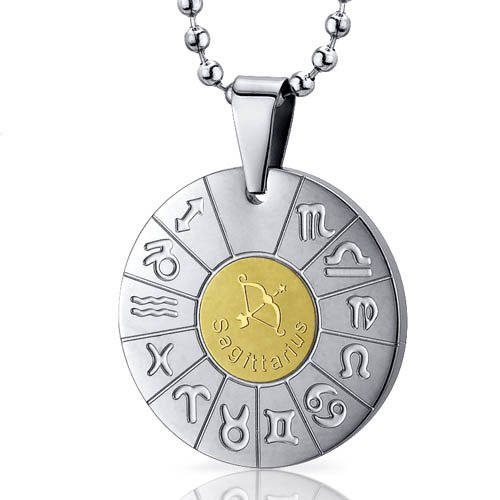 Sagittarius Archer Sign Zodiac Symbol Stainless Steel Circle Pendant Necklace