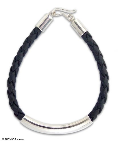 Leather bracelet, 'Black Silver Light' 0.2 W 7.5 L