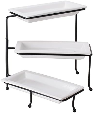 3 Tier Collapsible Angled Plate Rack Stand - Used as Serving Tray - Dessert Fruit Presentation - Party Food Server Display Set - 12" x 6" Porcelain Plates