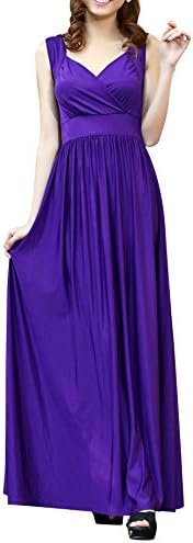 YBZ Women Elegant V-Neck Empire Waist Straps Long Formal Dress Purple L