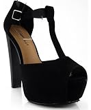Breckelle Brina-01B T-Strap Peep Toe Suede Pump BLACK