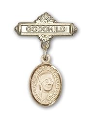 14K Gold Baby Badge with Blessed Teresa of Calcutta Charm and Godchild Badge Pin