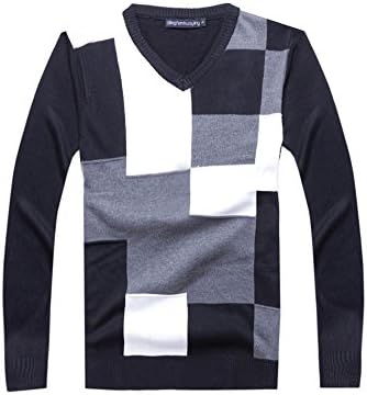 Xmenhere Men's Stylish Causal Contrast Plaid Long Sleeve v Neck Sweater White M
