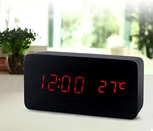 Shopping Mecca -USB AAA Powered Rectangle Shaped Voice Control Red Light Digital LED Wooden Desk Alarm Clock with Date Temperature (Black Red)