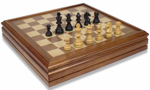 German Staunton Chess Set in Ebonized Boxwood & Boxwood with Walnut Chess & Backgammon Case – 3 1/4″ King
