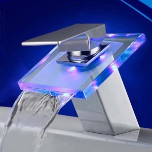 Contemporary Single Handle Chrome Waterfall LED Bathroom Faucet for Vanity Sink