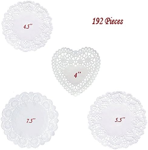 ARICHEZO Paper Doilies Assorted White Pack of 192 pcs (48 Round 4.5" + 48 Round 7.5" + 48 Heart 4" + 48 Round 5.5") Set # 51