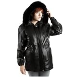 United Face Womens Black Fox Fur Trim Hooded Leather Coat