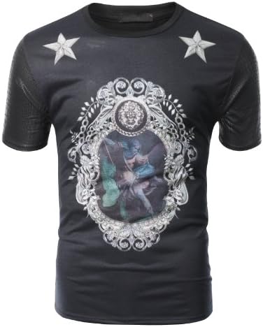 SMITHJAY Mens Hipster Hip-Hop Crocodile PU Sleeve T-shirt Graphic BLACK XLARGE