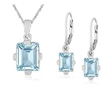 Sterling Silver Blue Topaz Rectangular Leverback Earrings and Pendant Set, 18