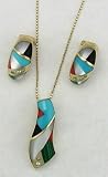 Jewelry Set Pendant with 0.06 G.s.i. Diamonds Mother of Pearl Turquoise Lapis Coral Malachite on14k Gold Pendant and Earrings with0.10k G.s.i Diamonds with the Same Gemstones as the pendant on 14k Gold Earrings with Clip