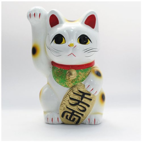 白手長小判猫 3号（右手） 【常滑焼招き猫】 【置物】 【縁起物】 [インテリア小物] 〔おまけ付き〕