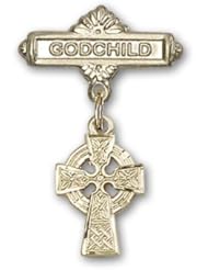 Gold Filled Baby Badge with Celtic Cross Charm and Godchild Badge Pin