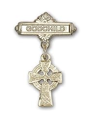 Gold Filled Baby Badge with Celtic Cross Charm and Godchild Badge Pin