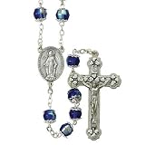 7mm Sapphire Capped Beads on 35 Rosary Necklace with Silver Plated Crucifix and Center. The Neck Chain Size is 28 Length.