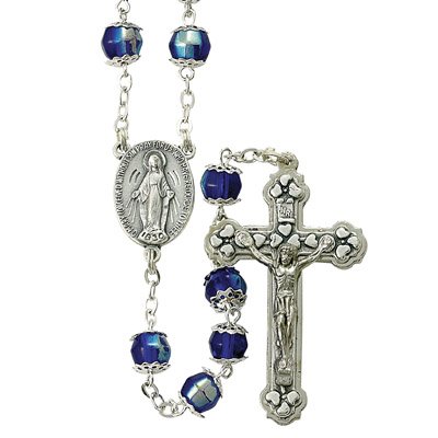 7mm Sapphire Capped Beads on 35 Rosary Necklace with Silver Plated Crucifix and Center. The Neck Chain Size is 28 Length.