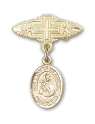 14K Gold Baby Badge with Our Lady of Mount Carmel Charm and Badge Pin with Cross