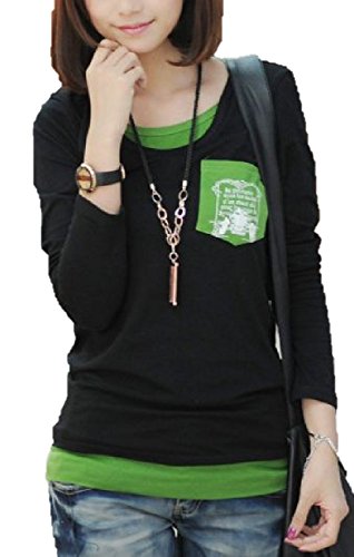 【ノーブランド品】ヤセ見せ !重ね着 風 セレカジ 長袖 配色 Tシャツ カットソー レディース ファッション / ポケット カラー（グリーン）/ S M L XL XXL 大きい サイズ あります！