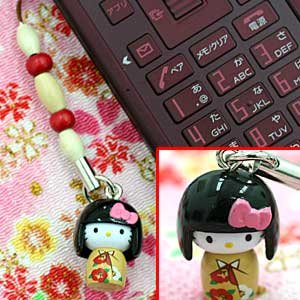 ハローキティ　こけしキティ　ビーズ根付けストラップ　ツバキ(椿)