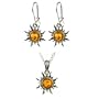 Certified Genuine Honey Amber and Sterling Silver Flaming Sun Earrings and Pendant Set, 18"