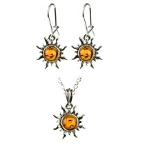 Certified Genuine Honey Amber and Sterling Silver Flaming Sun Set, 18"