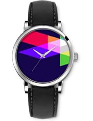 SPRAWL Aanalog Fashion Series Silver Ladies Watches of Genuine Black Leather Strap,Unique Wrist Watch for Women Girls Designed with Cubes background colors dark purple