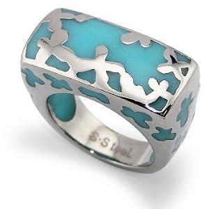 Stainless Steel Women's Ring with Turquoise Resin Inlay - Size 9